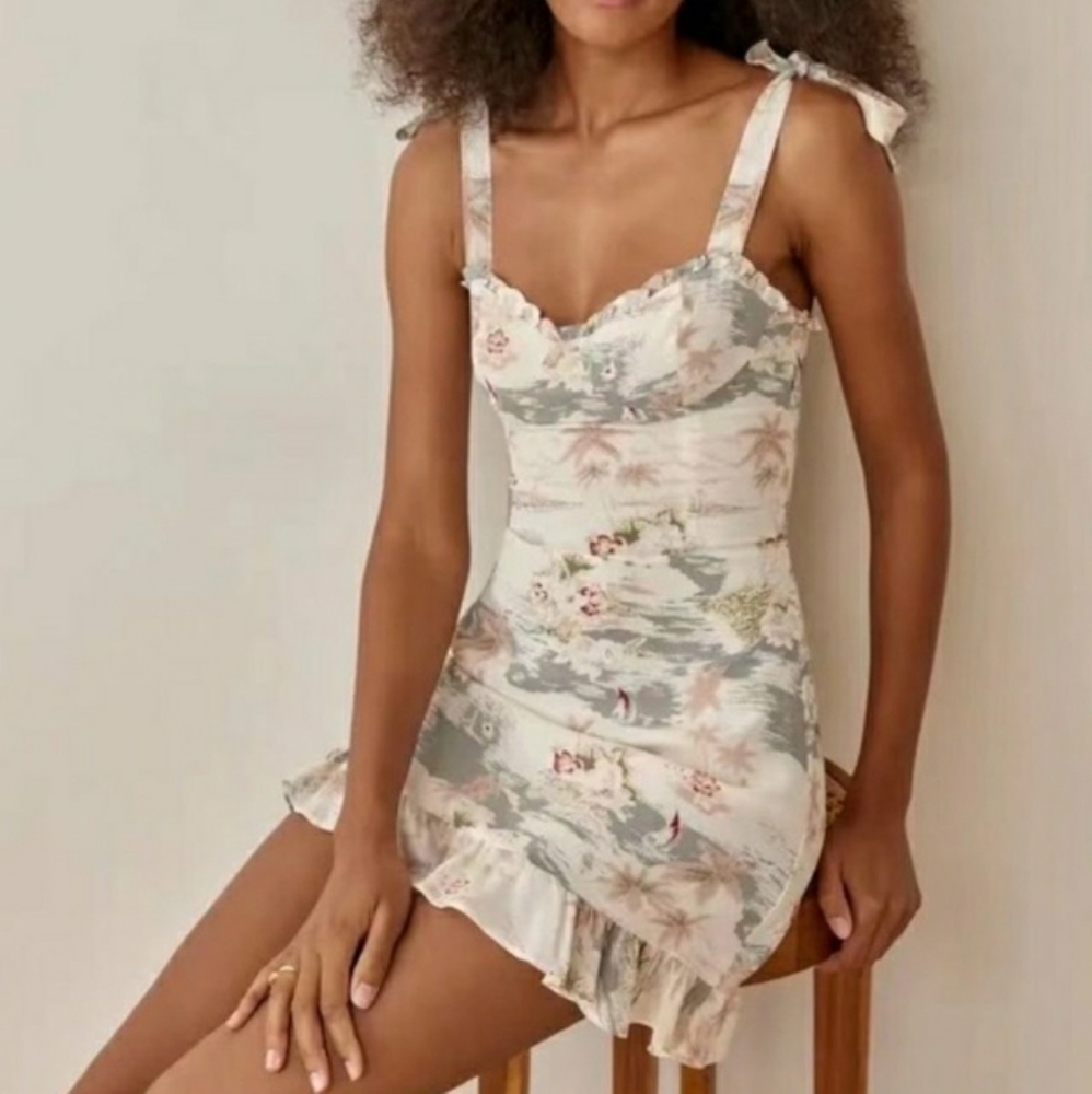 Reformation Christine Mini Dress  Size 8 Long Beach Tie Shoulder Tropical